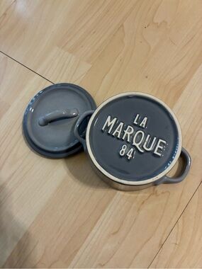Vintage La Marque 84 4” mini  Sur La Table cocotte Ceramic Gray Round With Lid